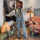 街头学院风设计感阔腿牛仔连体长裤 女美式 卡通刺绣背带裤 胖mm大码