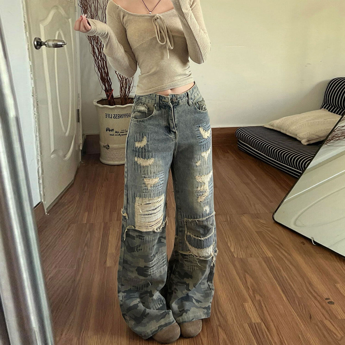 特大码胖mm美式穿搭辣妹风蓝色牛仔裤女破洞设计豹纹拼接直筒裤子,女装/女士精品,大码裤装,淘宝优惠券,粉丝福利购,淘宝优惠卷