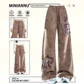 女装 胖mm美式 复古休闲卫裤 大码 女秋冬美拉德贴布设计显瘦阔腿裤 子