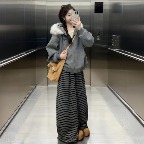 大码女装胖mm灰色宽松显瘦长裤子