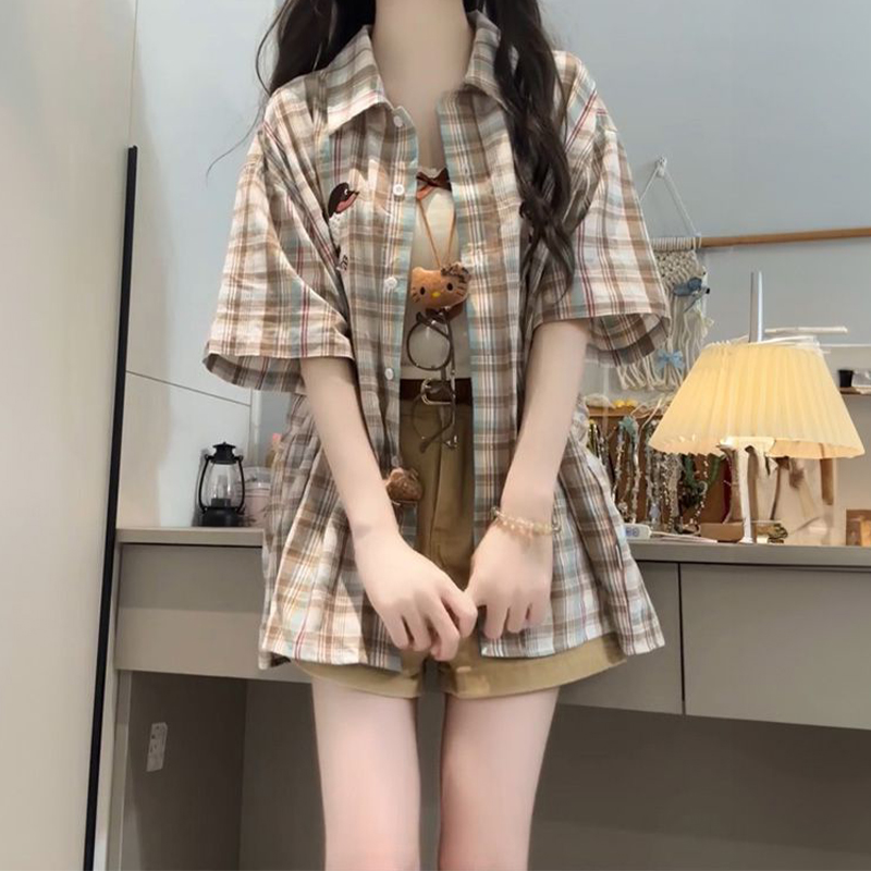胖mm特大码女装韩系polo领辣妹风格纹短袖衬衫女夏季新款薄款外套