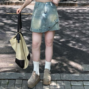 不規則設計感牛仔裙褲 女胖mm遮肚子顯瘦梨型身材短裙子 女裝 特大碼