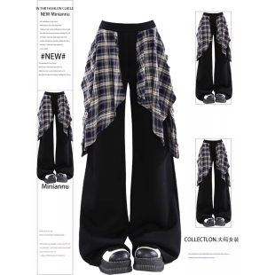 女胖mm格纹拼接宽松慵懒风休闲裤 街头风阔腿裤 子 美式 300斤特大码