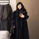 胖mm特大码 毛呢外套 黑色赫本风呢子大衣女秋冬高级感慵懒风中长款