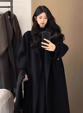 胖mm特大码黑色赫本风呢子大衣女秋冬高级感慵懒风中长款毛呢外套