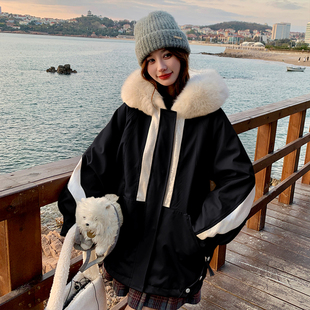 洋气百搭时髦加厚保暖棉服 胖mm黑色连帽派克服外套女冬季 大码 女装