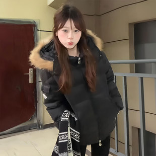 外套保暖加厚棉衣 2025女装 特大码 胖mm黑色显瘦毛绒连帽棉服女新款