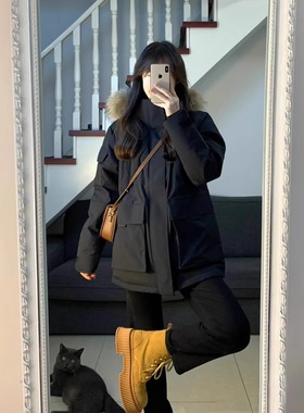 胖mm大码女装大毛领工装派克服棉服女冬季韩版加厚保暖棉衣外套女