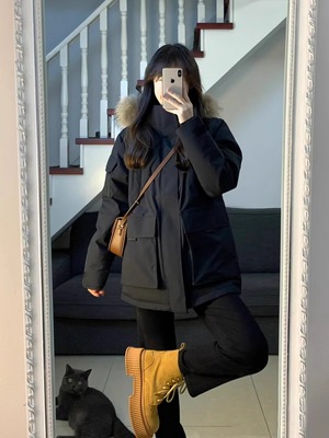 大码女装胖mm大毛领派克工装棉服