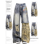 女装 美式 迷彩拼接牛仔裤 300斤大码 女胖mm高街设计感破洞阔腿裤 子