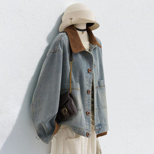 特大码 高级感翻领撞色牛仔外套女胖mm单排扣设计宽松百搭夹克上衣