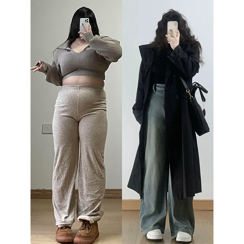 大码ins星空纹蓝色直筒麦穗长裤