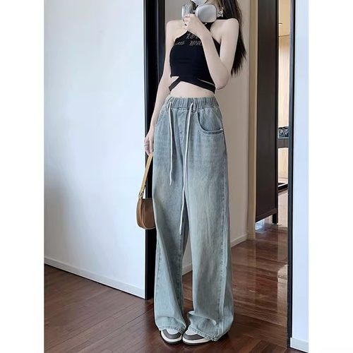 特大码女装梨形身材抽绳牛仔裤女