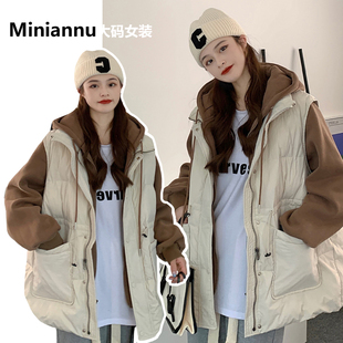 外套 加厚保暖开衫 特大码 胖mm宽松设计感假两件连帽棉服女秋冬新款