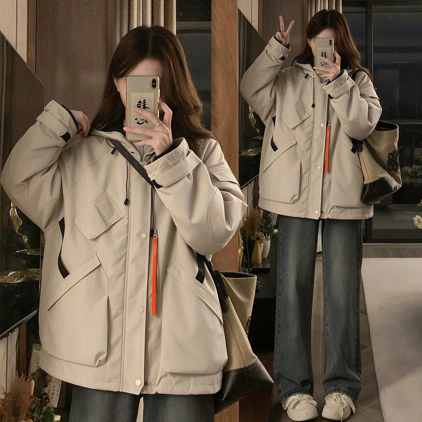 大码女装美式工装杏色连帽棉服女秋冬胖mm加厚保暖宽松派克服外套