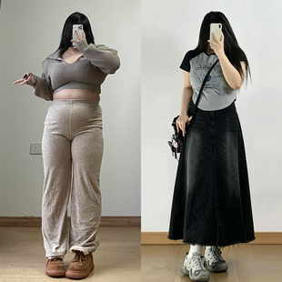 大码女装胖mm美式高街a字牛仔半身裙女黑色复古设计感a字大摆裙子
