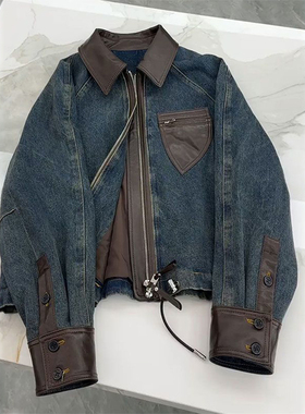 300斤大码美式拼接设计牛仔外套女胖mm蓝色宽松遮肉显瘦开衫皮衣