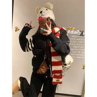 黑色时尚 胖mm大码 新款 女装 加厚保暖棉衣外套 针织拼接羽绒棉服冬季