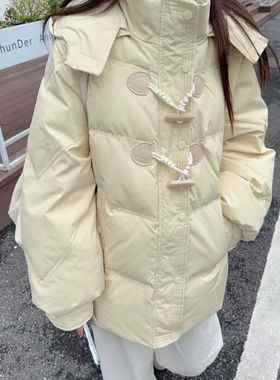 300斤大码胖mm韩系牛角扣奶黄色棉服女冬季甜美学生百搭加厚外套