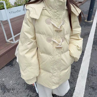 300斤大码 甜美学生百搭加厚外套 胖mm韩系牛角扣奶黄色棉服女冬季