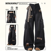 胖mm美式 穿搭甜酷风黑色工装 牛仔裤 大码 女多口袋设计显瘦直筒裤 子