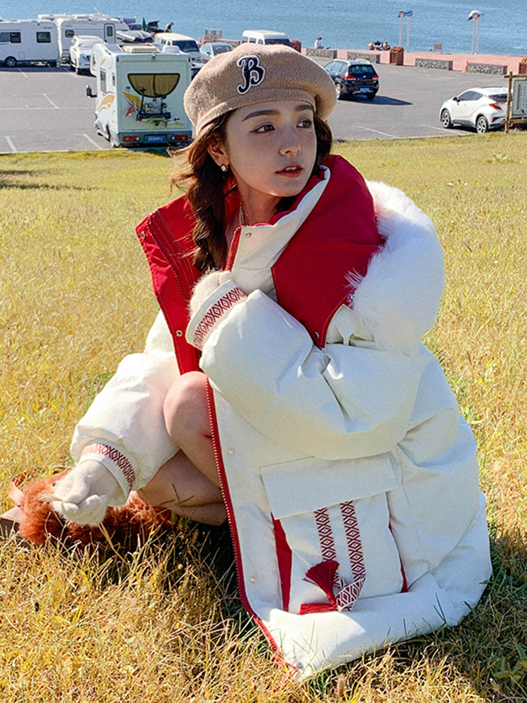 Plus Size Plus Size Women's Large Fur Collar Thickeneded Hooded Cotton Outwear Women's New Chinoiserie National Style Bread Outwear Cute Age-Reducing Outwear