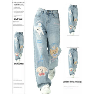 女装 胖mm显瘦梨型身材直筒裤 韩版 女2026新款 子 卡通印花牛仔裤 大码