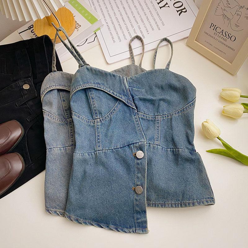 大码女装辣妹牛仔背心女无袖上衣