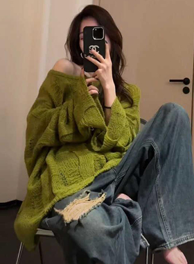 300斤特大码绿色镂空设计感长袖毛衣女胖mm简约慵懒风针织衫上衣