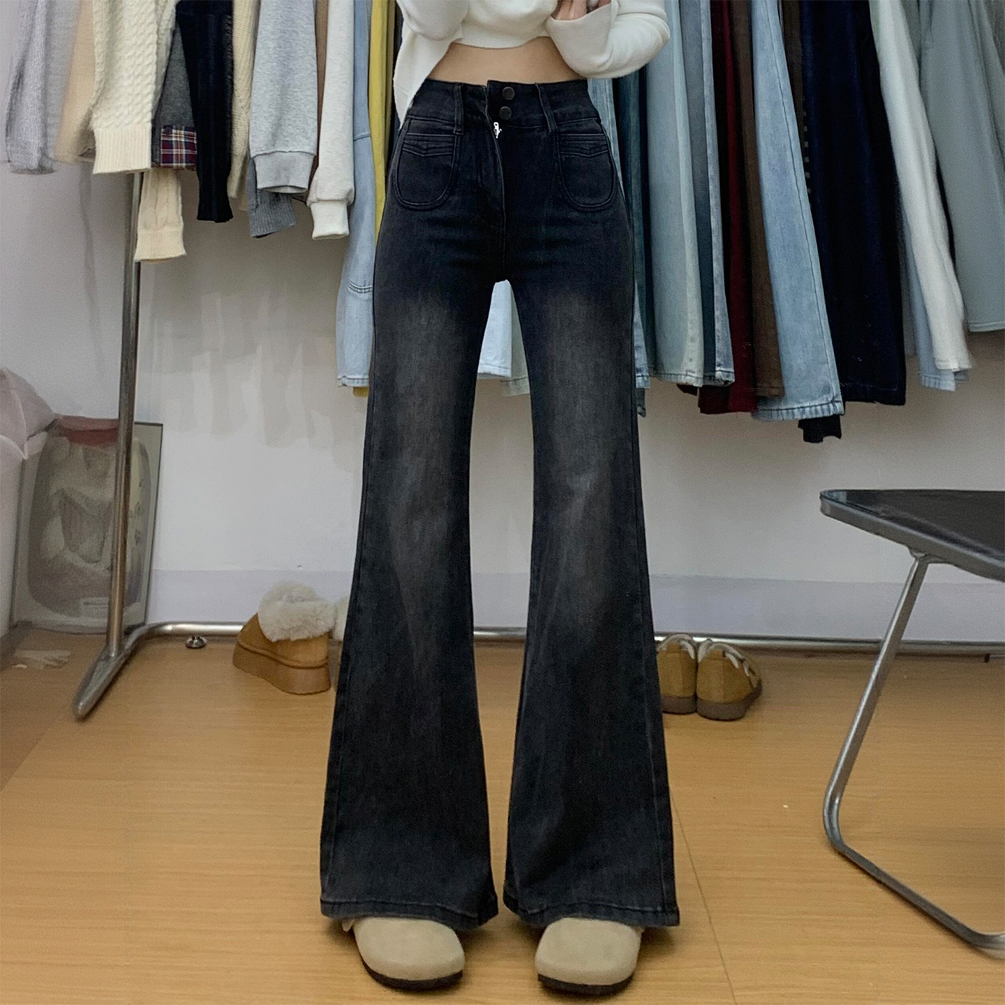 特大码设计感复古水洗喇叭裤子女