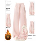 300斤大码 子 女胖mm宽松显瘦休闲风长裤 女装 粉色小狗刺绣阔腿卫裤