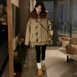 上衣 牛角扣设计开衫 特大码 胖mm卡其色加厚保暖棉服外套女秋冬新款