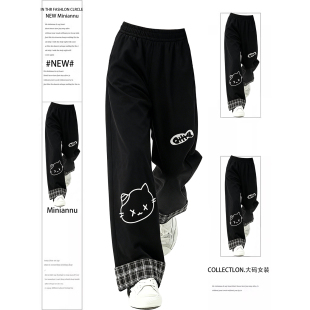女胖mm高腰卡通印花阔腿裤 300斤大码 学院风黑色休闲裤 韩版 子 女装