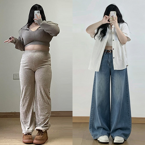 胖mm特大码女松弛感阔腿牛仔裤女