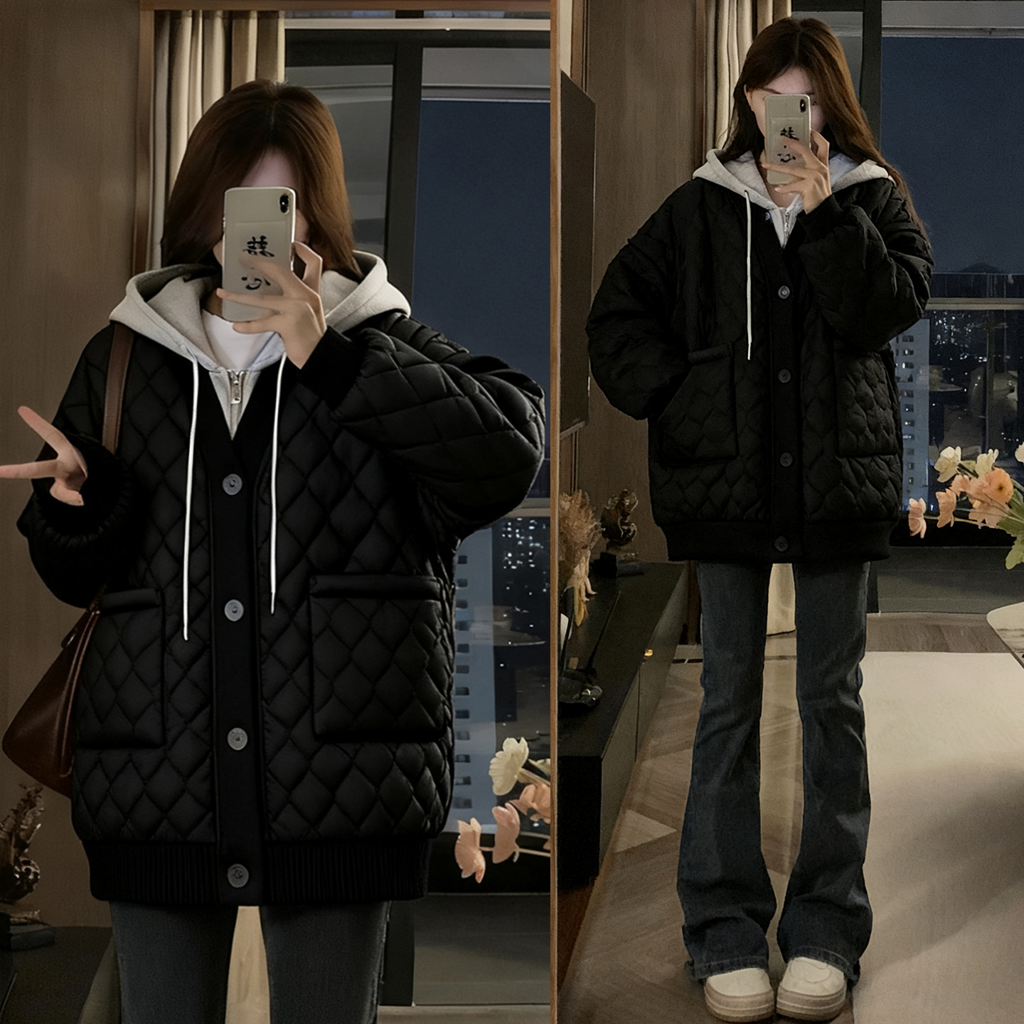 300斤大码黑色宽松显瘦棉服外套