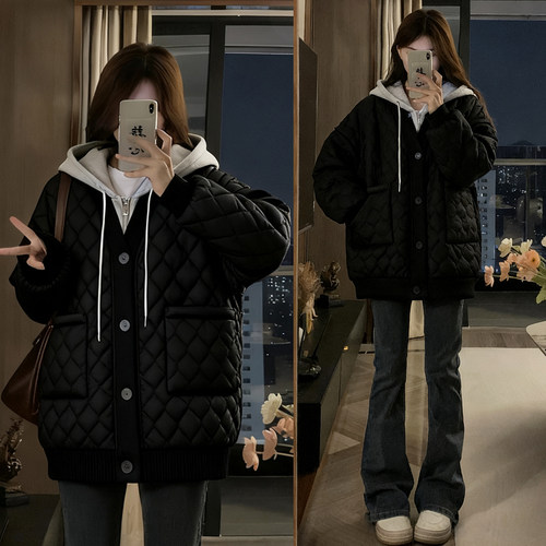 300斤大码黑色宽松显瘦棉服外套