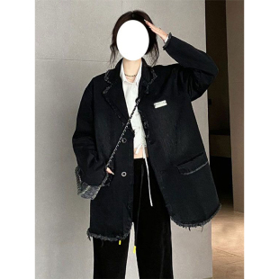 300斤大码胖mm美式潮牌黑色牛仔外套女秋季高级感宽松西装上衣潮