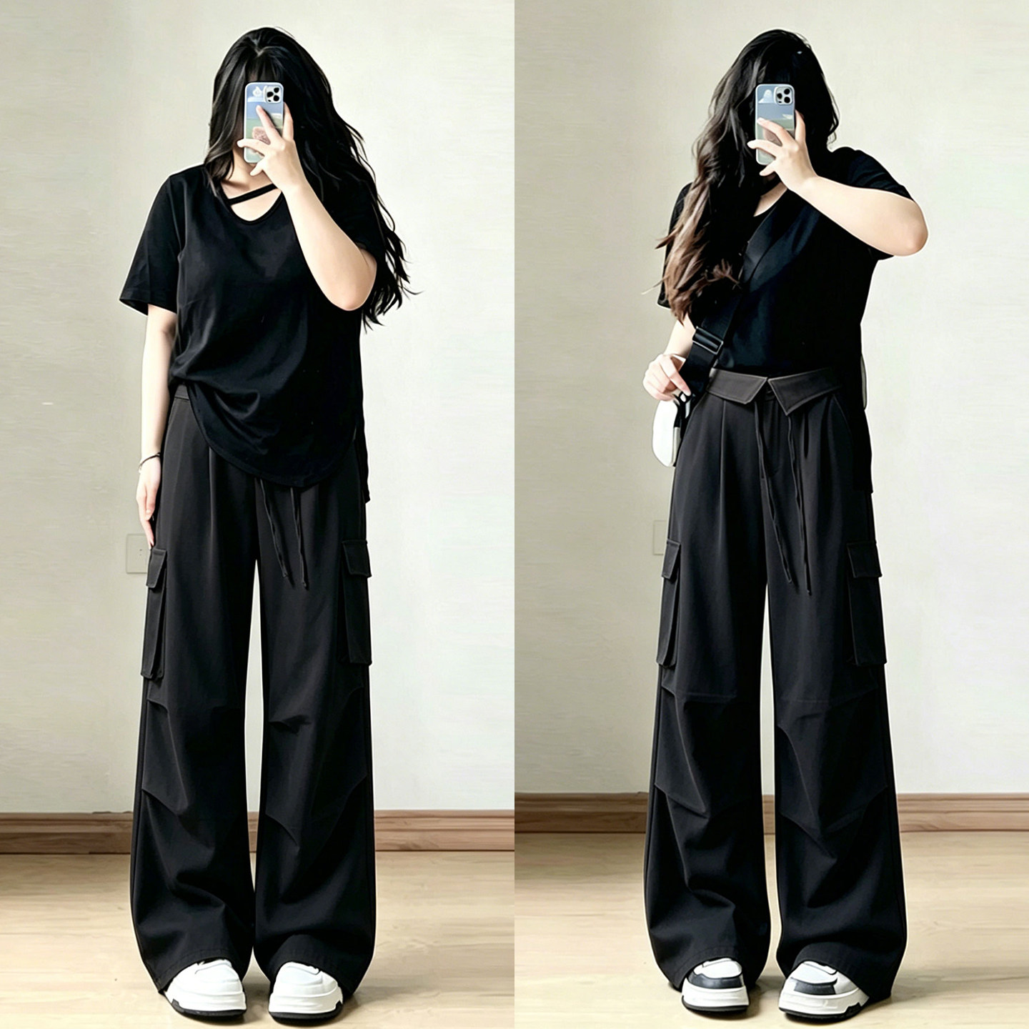 胖mm大码女装美式黑色休闲工装裤女高腰抽绳宽松显瘦运动阔腿裤子