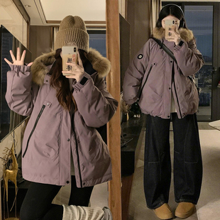 高街毛领加厚棉服女胖mm宽松百搭保暖连帽外套 美式 300斤大码 女装