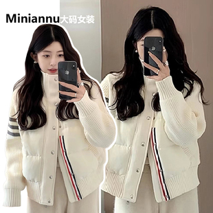 300斤特大码 学生加厚保暖立领棉衣女胖mm休闲风条纹拼接二棉外套