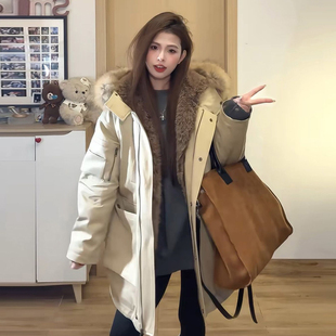 派克服外套 潮酷百搭连帽棉服女加厚保暖卡其色中长款 胖mm大码 女装