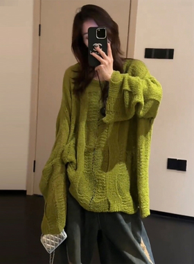 300斤大码女装慵懒风镂空长袖针织衫女胖mm宽松高级感绿色t恤上衣
