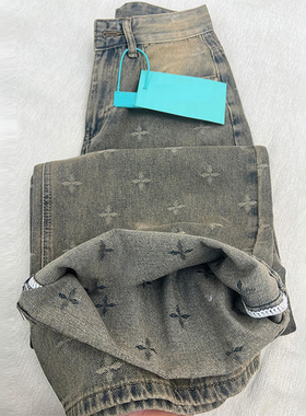 大码女装美式重工刺绣直筒牛仔裤女新款胖mm裤子宽松显瘦阔腿长裤