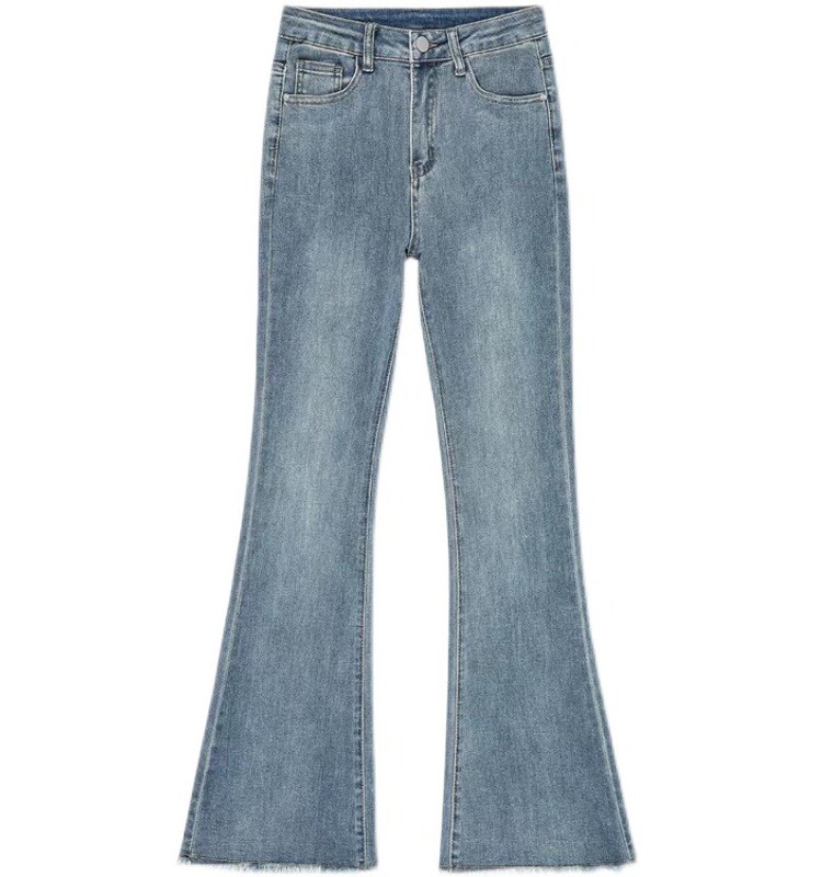 EXTRA LARGE SIZE 300 POUND RETRO BLUE HIGH-WAISTED JEANS WOMENS STRETCH THIN MM STRAIGHT LEG HIGH RAW EDGE SLIGHTLY FLARED PANTS