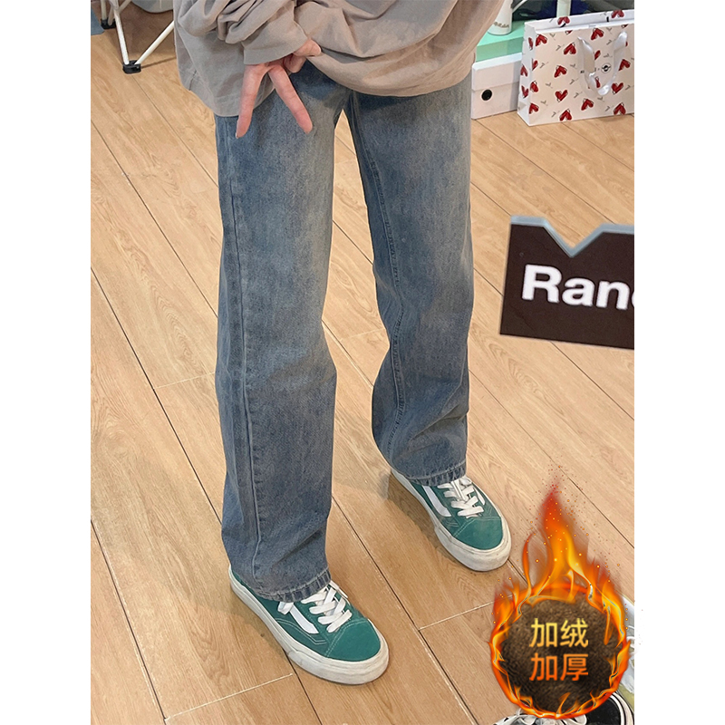 胖mm大码女装加绒加厚直筒牛仔裤女秋冬保暖窄版裤子学生高腰女裤