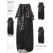 女胖mm休闲百搭学生阔腿裤 300斤特大码 黑色格子屁帘设计牛仔裤 子