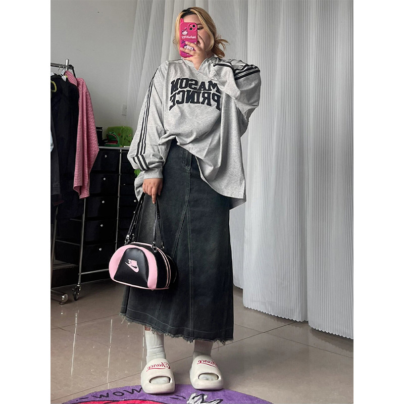 胖mm毛边黑灰色半身裙女大码女装牛仔a字裙子梨形遮肉显瘦长裙子,女装/女士精品,大码半身裙,淘宝优惠券,粉丝福利购,淘宝优惠卷