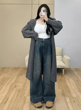 300斤大码女装胖mm美式复古深蓝色牛仔裤女显瘦女裤休闲阔腿裤子