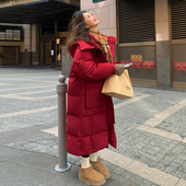 胖mm大码 加厚连帽大衣外套 过膝红色羽绒棉服女冬季 女装 高级感长款