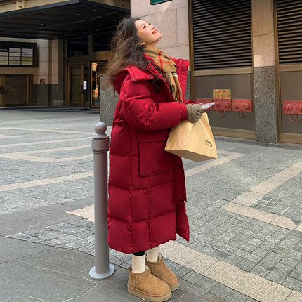 胖mm大码女装高级感长款过膝红色羽绒棉服女冬季加厚连帽大衣外套